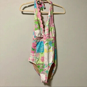 Lilly Pulitzer patchwork  scalloped v neck one piece swimsuit